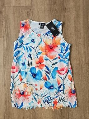 Alison Sheri Floral Lace-Hem Sleeveless Top - White Multi Size Small